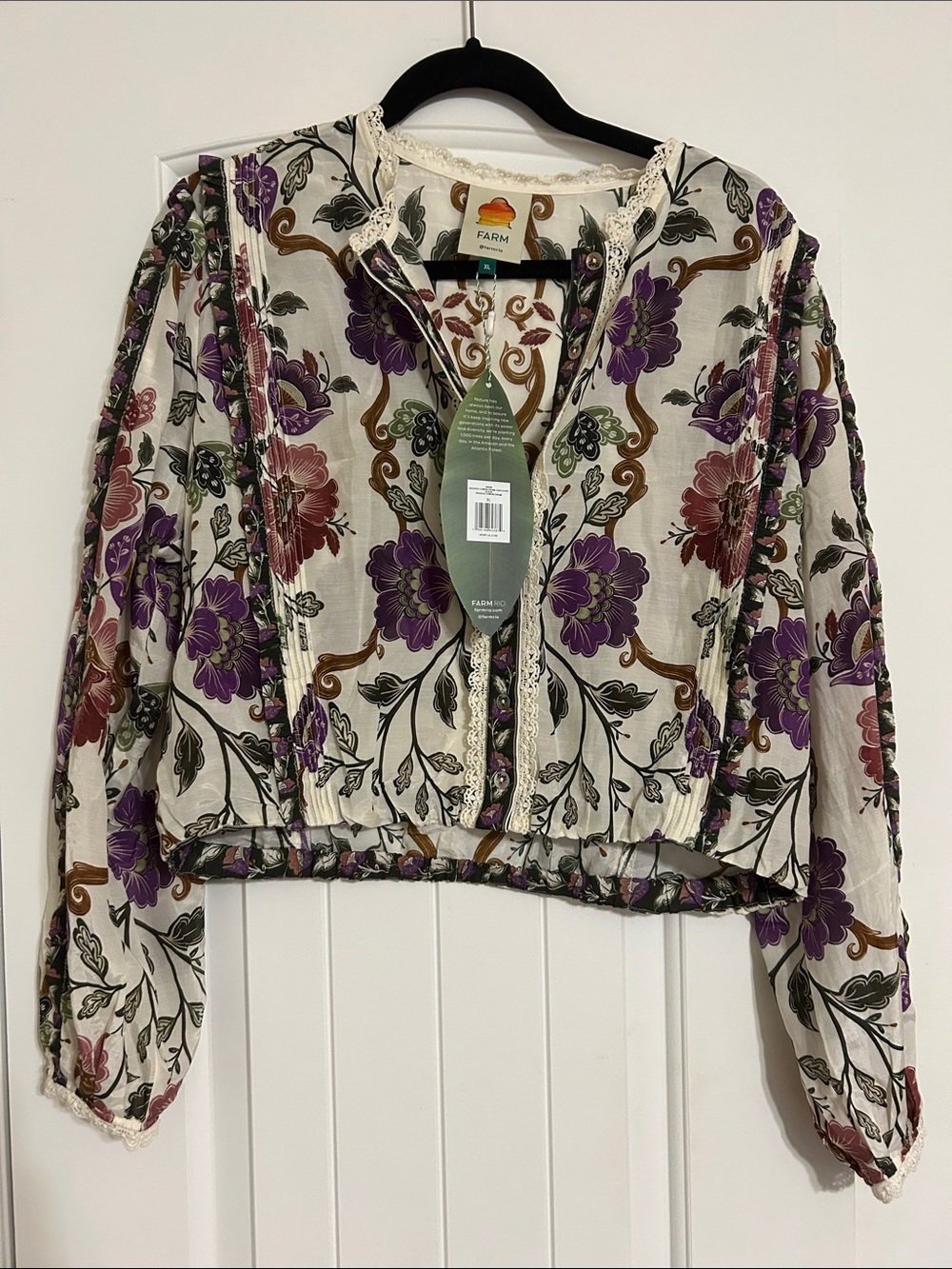 FARM Rio Cream Cropped Blouse with Purple & Rust Floral Motif